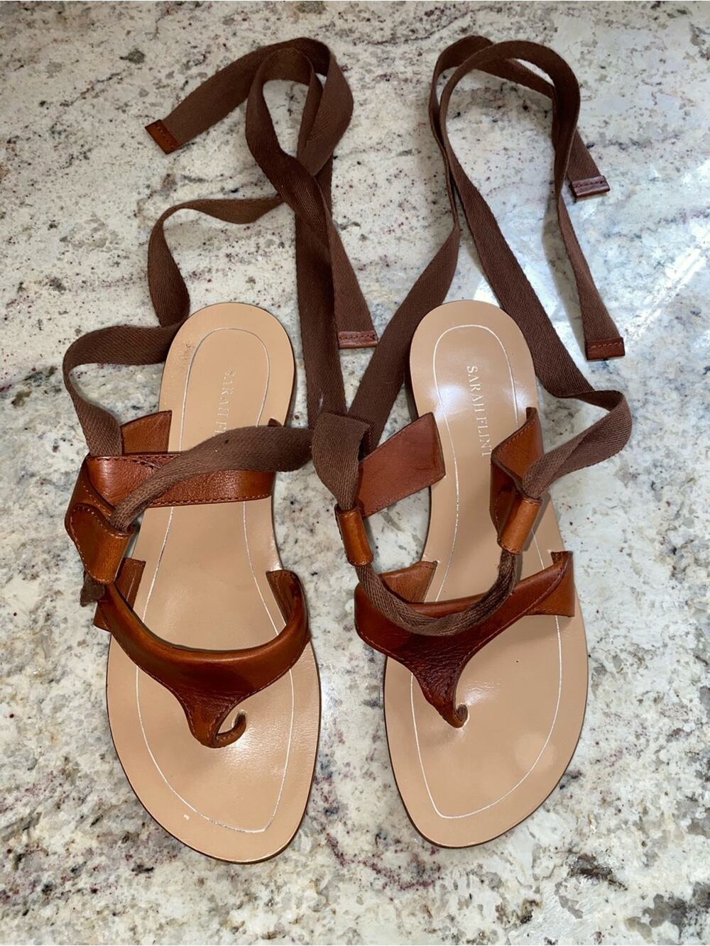 Sarah Flint $295 Grear Brown Saddle Vachetta Grecian Lace Up Sandal EU37 7 EUC